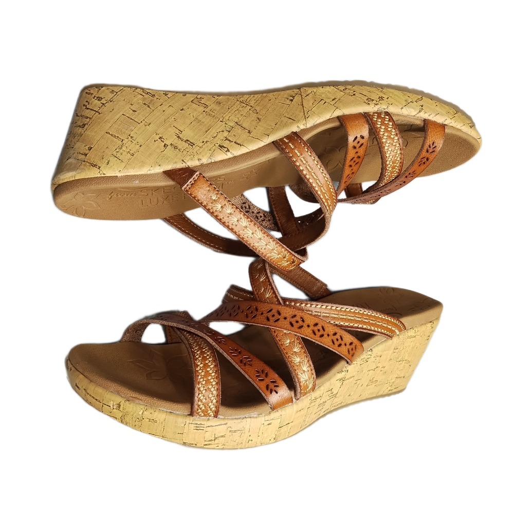 Skechers Cali Beverlee Wedge Sandals Womens US 6.5 Brown Luxefoam Open Toe EUC